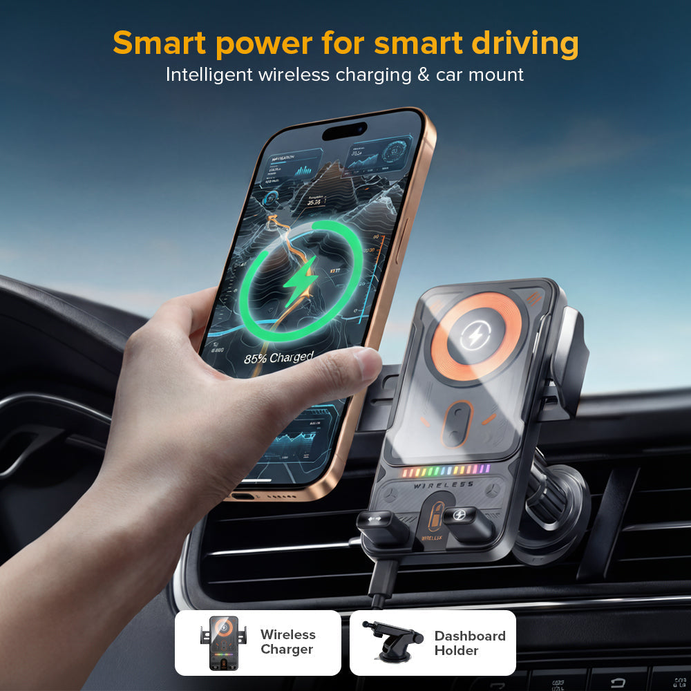 2-in-1 Auto-Rotate Car Phone Holder with Wireless Charging Function